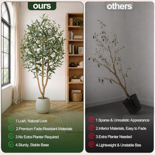6FT Olive Trees Artificial, Large Faux Olive Tree with White Tall Planter, Faux Tree Indoor with Lush Lifelike Fruits for Living Room Bedroom Balcony Corner Office Home Decor - Image 6