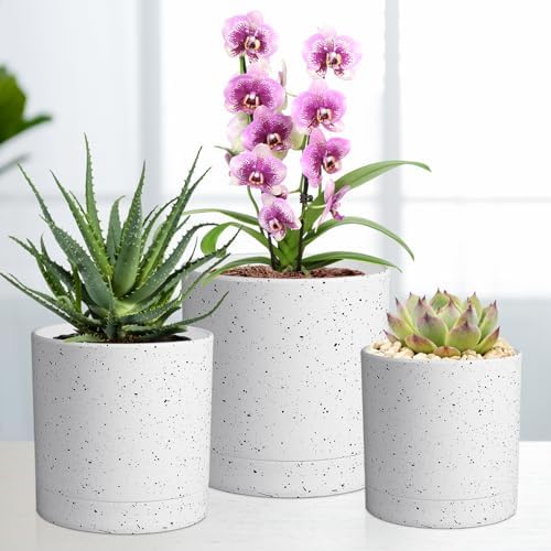 Meowell 7/6.5/6/5/4 inch Plant Pots, 5 Pack Cylinder Flower Pots for Small Indoor Outdoor Plants, Plastic Planters with Drainage Holes and Saucers for Garden Succulent House Plants, Speckled White - Image 5