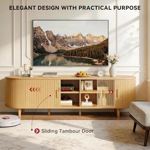 70" Mid Century Modern TV Stand with Power Outlet, Fluted Entertainment Center with Storage and Adjustable Shelves, Wood TV Console with Sliding Doors for Living Room, Oak - Image 4