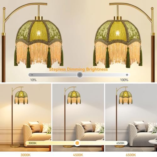 AHDWDW Gold Vintage Floor Lamp for Living Room Bedroom,Arc Victorian Floor Lamps with Remote,Wood Standing Tall Lamp with Green Tassels Velvet Lampshade,Fringe Dimmable Modern Floor Lamp for Corner - Image 2