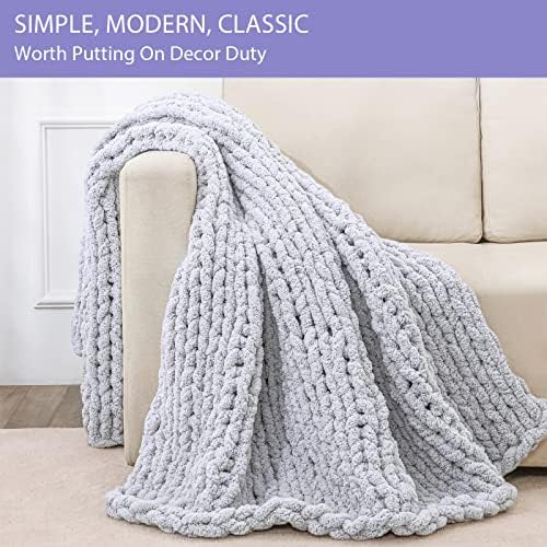 Bigacogo Chunky Knit Throw Blanket for Couch, 60x80 inches, Light Grey - Image 4