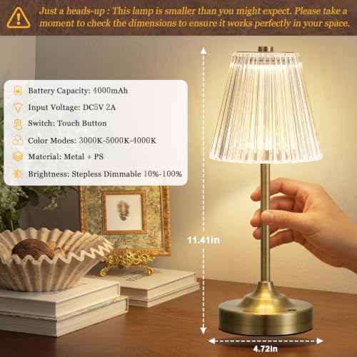 Bronze Cordless Rechargeable Table Lamp, Touch Battery Powered Lamp, 3 Color Modes, Crystal Acrylic Lampshade, Portable Ambient Night Light for Desk, Bedroom, Living Room, Dining Room, Kitchen, Bar - Image 3