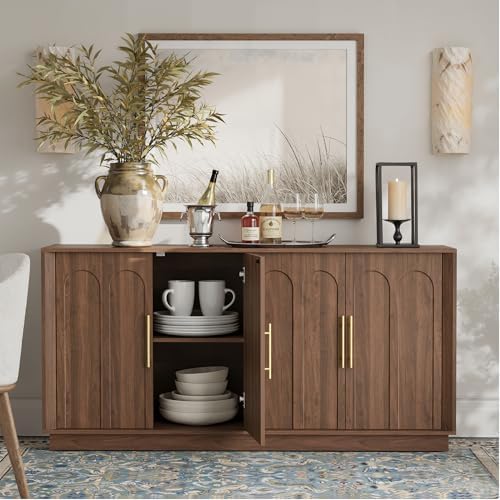 FORTUNETEC 67" Sideboard Buffet Cabinet with Storage, Arched Doors, Walnut - Image 6
