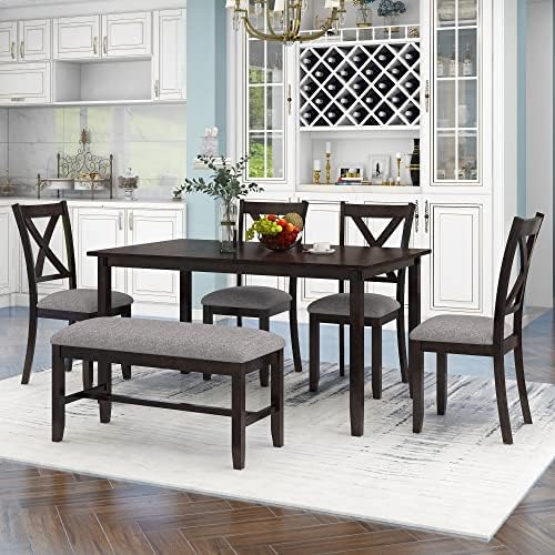 6-Piece Rustic Farmhouse Wood Dining Set, Espresso - Image 2