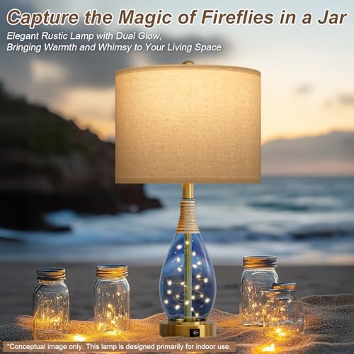 OYEARS 23" Table Lamps for Living Room Set of 2 Bedside Lamps for Night Stands Bedroom Lamps Farmhouse Rattan Boho Lamp Glass Nightlight End Table Lamp with USB C+A (Blue),Two Light Points - Image 4