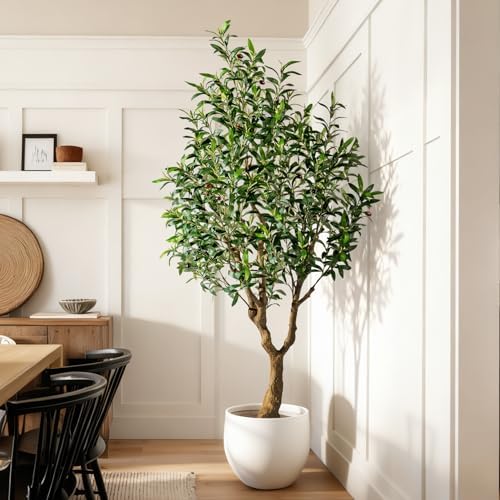 Erimda 6FT Faux Olive Tree with Tall Exquisite Planter Artificial Olive Tree Tall, Potted Fake Olive Plant with 1260 Real Touch Leaves, Indoor Outdoor Home Garden Office Decor by BringNatureToYourHome%EF%BC%81