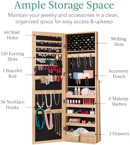 Best Choice Products Freestanding Jewelry Armoire Cabinet, Full Length Standing Mirror, Lockable Makeup Storage Organizer, w/Velvet Lining, 3 Angles, Lock, Accessory Pouch, 5 Shelves - Natural Oak - Image 2