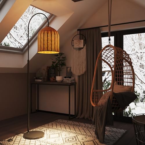 Rattan Floor Lamp, 66in. Boho Floor Lamp with Natural Brown Rattan Shade, Rustic Arc Standing Lamp for Coastal, Beach or Bohemian Style Decor (Coastal-Black) - Image 5