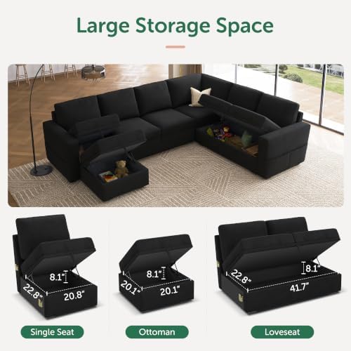HONBAY Sectional Sleeper Couch with Pull Out Bed, U Shaped Sectional Sofa with Storage, Modular Velvet Sectional Couches for Living Room, Black - Image 5