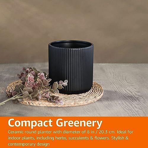 Amazon Basics Fluted Ceramic Planter Pot for Indoor Outdoor Plants, Round Flower Pot with Drainage Hole, 8-inch, Black - Image 7