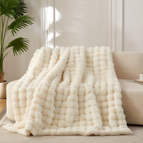 COOVA Soft Bubble Faux Fur Throw Blanket, 50"x60", Ivory White by COOVA
