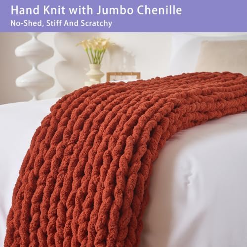Bigacogo Chunky Knit Throw Blanket for Couch, 51x63 inches, Rust Red - Image 5