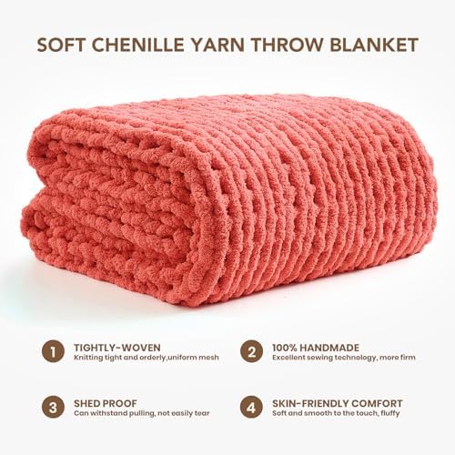 L'AGRATY Chunky Knit Throw Blanket for Couch, 50 x 60 Inches, Coral Pink - Image 2