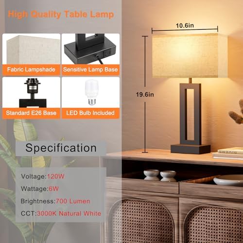 Nightstand Table Lamps for Bedrooms Set of 2 - Touch Bedside Lamp with USB C+A, 3 Way Dimmable Living Room Lamps for End Tables Set of 2, Modern Night Stand Lamps for Bed Side Guest Room(Cream) - Image 7