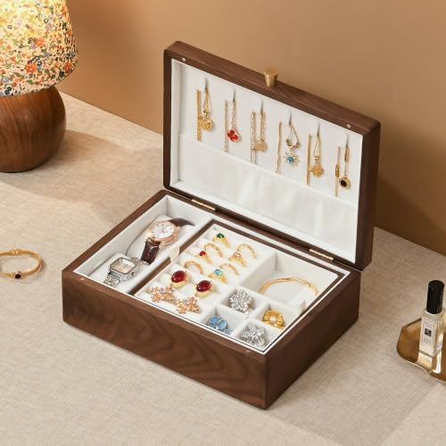 Black Walnut Wooden Jewelry Box, 2 Layer Necklace Organizer Case for Women - Image 2