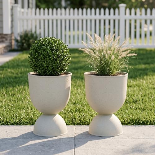 KOL 15 Inch Tall Planters, Beige Plastic Urn Planters, 2 Pack by KOL