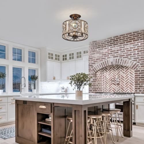 Vintage Crystal Drum Chandelier, 3-Lights Bronze Finish Retro Chandelier Lighting Fixtures, Semi Flush Mount Ceiling Light for Dining Room Living Room Bedroom Entryway Etc. - Image 3