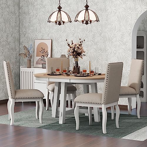 Harper & Bright Designs Kitchen Dining Table Set for 4, 5 Pcs Wooden Round Extendable Dining Table and 4 Upholstered Dining Chairs, Oak Natural Wood - Image 3