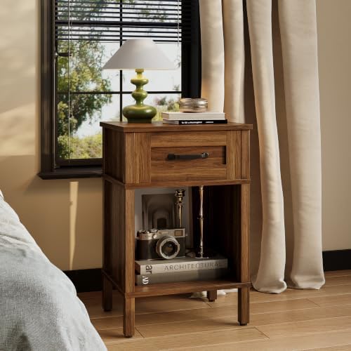 Farmhouse Nightstand with Drawer, Small Wood Bedside Table, Rustic Side Table, Modern End Table with Drawer, Retro Wooden Red Brown Night Stand for Bedroom - Image 5