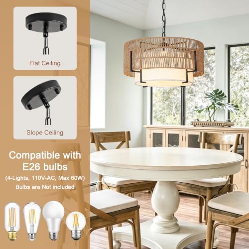 4-Light Rattan Chandelier, 19.7" Large Boho Hand Woven Pendant Light - Image 3