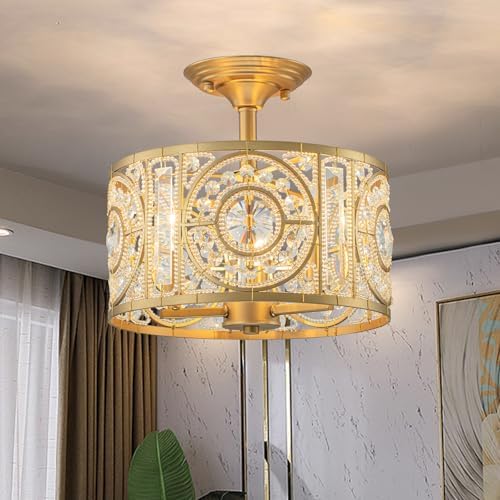 Semi Flush Mount Chandelier for Dining Room, 3-Lights Vintage Crystal Round Chandelier, Gold Retro Semi-Flush Mount Ceiling Lights Fixture for Living Room Bedroom Kitchen Hallway Foyer by Zicbol