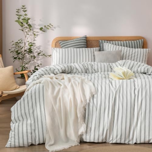 BESTOUCH Striped Cotton Duvet Cover Set Linen Feel Twin by BESTOUCH