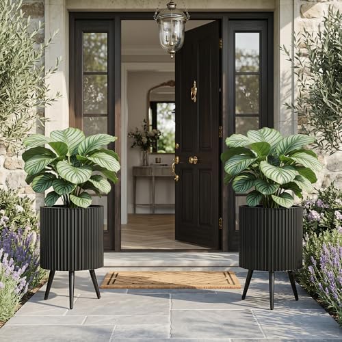 GIANTEX 14 Inch Plant Pot with Stand, Mid-Century Modern Fluted Planter - Image 3
