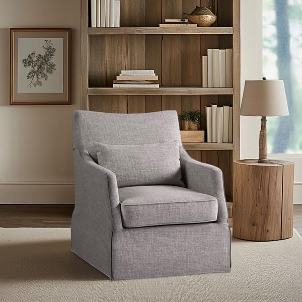 Martha Stewart London Swivel Chair - Solid Wood & Plywood, Skirted Metal Base Accent Armchair, Lumbar Pillow -Modern Classic Family Room Sofa Furniture Bedroom Lounge, 28"X31.5"X35.25", Grey - Image 2