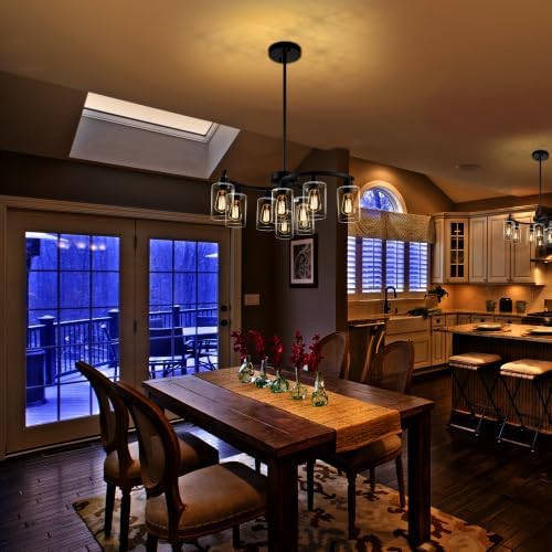 CNRATYE 9-Light Black Modern Chandeliers for Dining Room, Adjustable Height Farmhouse Kitchen Island Lighting, Industrial Hanging Light Fixtures for Living Room Bedroom, Clear Glass Shade - Image 2
