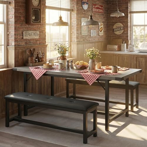 IDEALHOUSE 63" 3 Piece Extendable Dining Table Set for 4-6, Rectangle Wooden Kitchen Table with 2 Soft Benches Set for 6, Sturdy Metal Frame, Dinette Table Set for Apartment, Kitchen, Rustic Gray - Image 4
