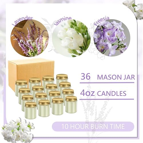 ACITHGL 36 Pcs 4oz Mini Mason Jar Candles Small Scented Candles Bulk Aromatherapy Ideal Souvenir Favors for Wedding Birthday Party (Freesia, Lavender, Jasmine, Gold) - Image 3