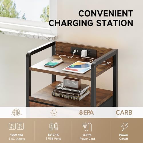 Lazzanto Nightstand with Rear Charging Station, LED Light, 4 Drawers, Brown - Image 5
