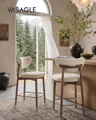 VASAGLE Wooden Bar Stools Set of 2, Linen-Look Fabric, Cappuccino Beige - Image 3