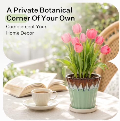 6.6 Inch Ceramic Planters with Drainage Hole and Saucer,Indoor Outdoor Large Flower Pots, Garden Pot for Plant Lovers (Drip Green) - Image 2