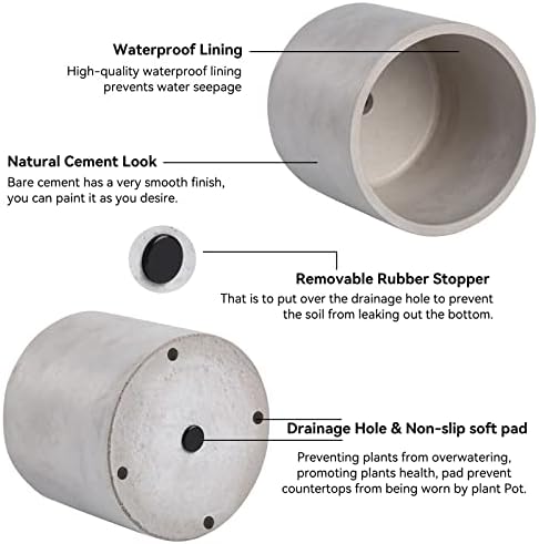 Ekirlin Planters for Indoor Plants, 3.5/4 Inch Plant Pots with Drainage Holes, Removable Rubber Stopper, Non-Slip Soft Pad - Grey Cement Concrete Planter for Most Indoor Outdoor Plants and Flowers - Image 3
