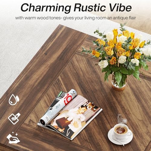 Tribesigns Square Coffee Table, Wood Center Table for Living Room, 31.5" Modern Cocktail Tea Accent Table, Rustic Brown & Black - Image 6