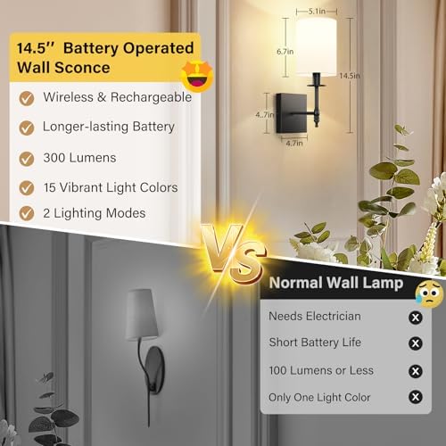 14 Inch Black Battery Operated Wall Sconces Set of 2, Rechargeable Wireless Wall Lights with Remote & White Fabric Shade, Indoor Not Hardwired Dimmable Wall Lamps for Bedroom, 2 Bulbs Included - Image 3