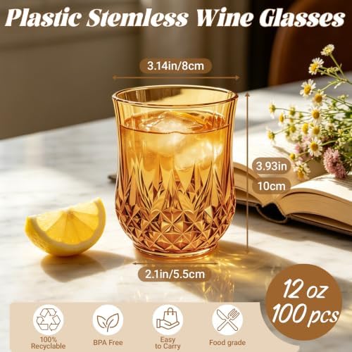 100 Pack Plastic Stemless Wine Glasses, 12oz Unbreakable Wine Cups - Image 2