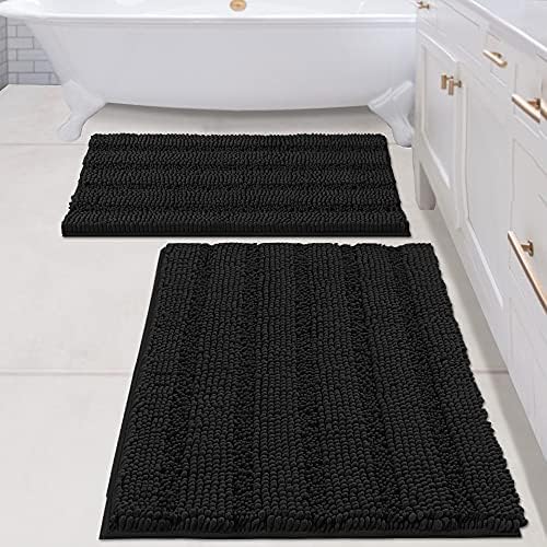 H.VERSAILTEX 2 Piece Bathroom Set - Super Absorbent Chenille Striped Bath Mats - Non Skid Machine Wash Dry Rugs for Bathroom Floor (Black, 24 x 36 Plus 20 x 32 - Inches) by HVERSAILTEX