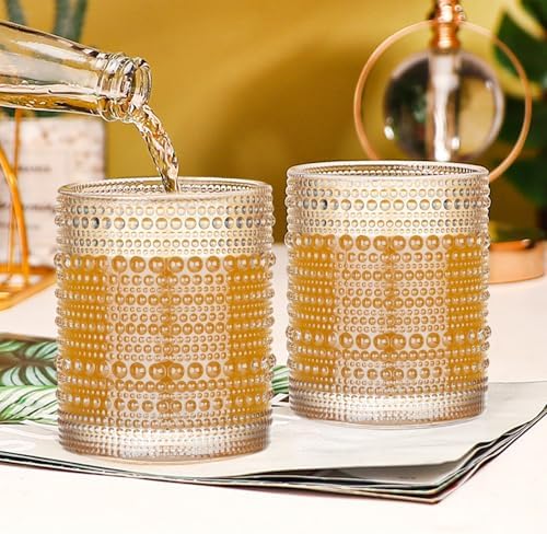 48 Pcs Golden Hobnail Beaded Drinking Glasses, 12 oz Vintage Glassware Set Romantic Water Glasses Tumbler, Water Cups, Clear Embossed Glassware Set for Beer, Juice, Cocktail, Soda, Beverages Amber - Image 2