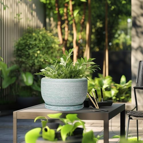 SQOWL Ceramic Pots for Plants - 10 Inch Ceramic Planter for Indoor Outdoor, Modern Round Flower Pot with Drainage Hole and Saucer, Large Planter, Home Office Decor, Gifts for Plant Lovers, Green - Image 5
