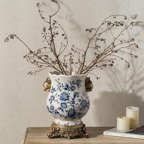 Vintage Blue and White Ceramic Vase with Gold Pedestal, Chinoiserie Floral Urn for Home Decor, 8.3" Antique French Country Retro Ice Cracked Centerpiece for Table, Mantel, and Fresh Flowers - Image 6