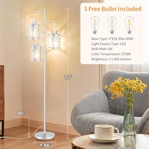 72" Modern Tree Floor Lamp, Dimmable Minimalist Tall Standing Lamp with Metal Cages & Rotary Dimmer Knob, Corner Decor Lighting for Living Room Bedroom Cafe, 3 x 800LM Bulbs Included-Silver - Image 4