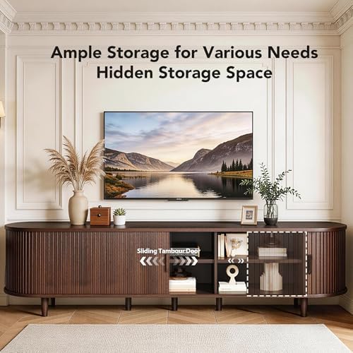 MXV 80" TV Stand with Sliding Doors for Living Room, Mid Century Modern Entertainment Center, TV Console with Fluted Door Cabinets and Power Outlet, Walnut - Image 3