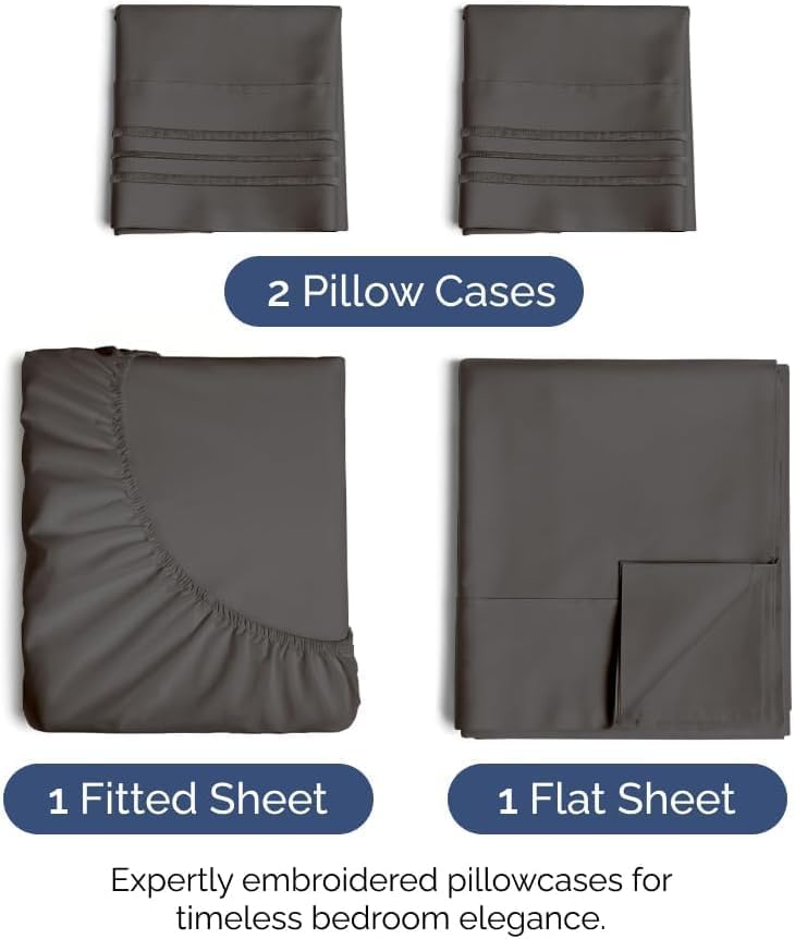 Queen Size 4 Piece Sheet Set - Comfy Breathable & Cooling Sheets - Charcoal - Image 2
