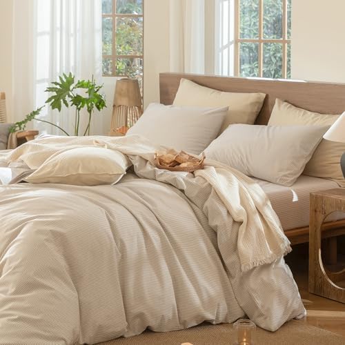 MooMee Striped Duvet Cover Set 100% Washed Cotton Linen Like - Image 3