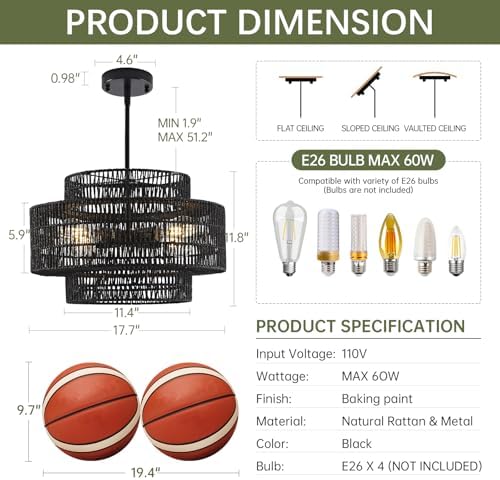 17.7" Black Rattan Chandelier for Dining Room, Boho Pendant Light - Image 5