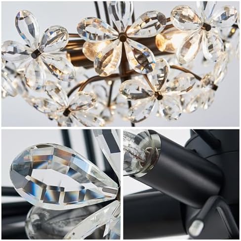 WUZUPS Crystal Chandelier Pendant Flushmount Ceiling Light Modern Lighting Fixture for Bedroom Hallway Bar Kitchen Bathroom, H 15.7" x W 17.7", Black, E12 Base - Image 5