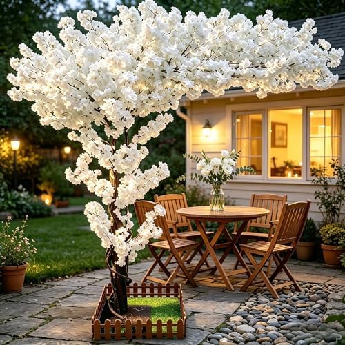 6.7FT Artificial White Cherry Blossom Tree, Faux White Cherry Blossom Tree with Dense Flowers and Sturdy Base, Indoor Fake Sakura Plant for Home Decor Living Room Office Wedding Party Event by Unknown
