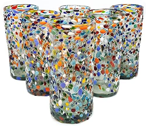 Confetti Rocks 20 oz Tall Iced Tea Glasses (set of 6) | Hand Blown Drinking Glasses, Multicolor Mexican Glassware Tumblers for Water, Juice, Margaritas & Cocktails | Lead-free, Toxin-Free by MexHandcraft